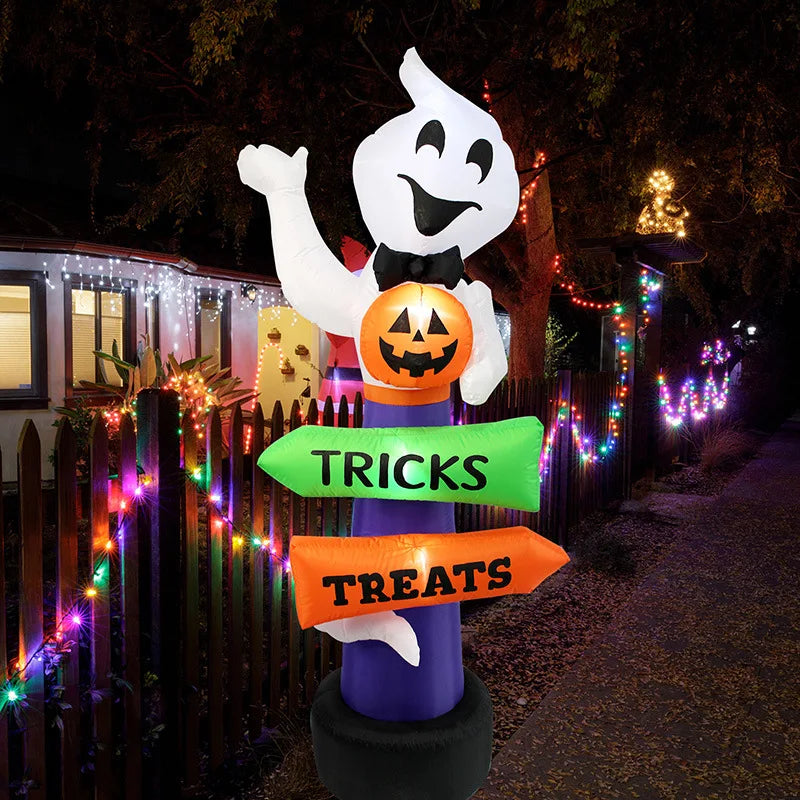 2.4m Big Halloween Inflatable Ghost Holding Pumpkin Street Signs Decoration Tricks or Treats Halloween Festive Party Supplies