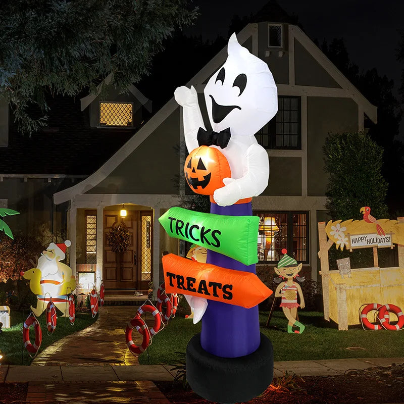 2.4m Big Halloween Inflatable Ghost Holding Pumpkin Street Signs Decoration Tricks or Treats Halloween Festive Party Supplies