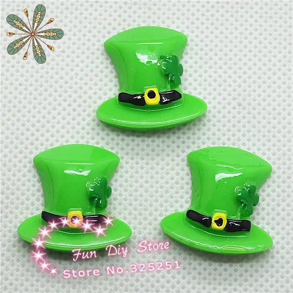 10PCS St. Patrick's Day Flat Back Green Shamrock Hat Miniatures St. Patrick's Four-Leaf Clover Scrapbooking Crafts