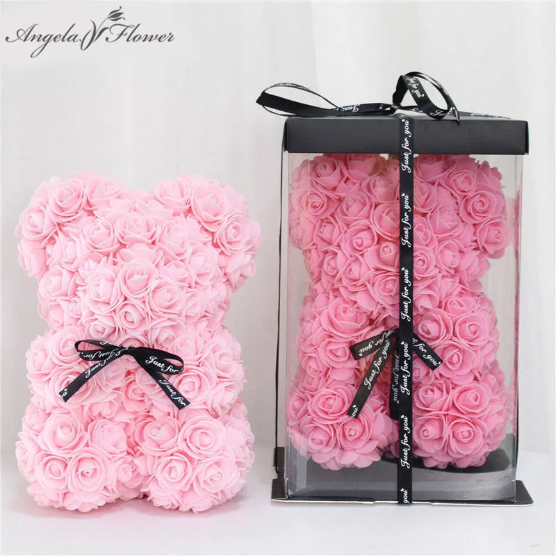 DIY 25 cm Teddy Rose Bear With Box Artificial PE Flower Bear Rose Valentine's Day For Girlfriend Women Wife Mother's Day Gifts