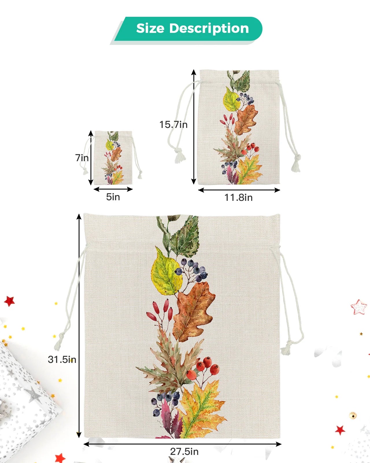 Thanksgiving Autumn Maple Leaf Red Fruit Candy Bags Santa Gift Bag Home Party Decorations Xmas Linen Gift Bags Packing Supplies