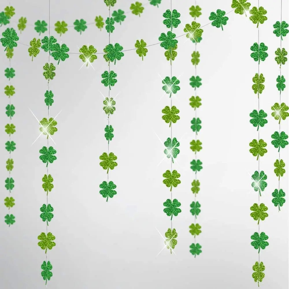 St.patricks Day Party Decorations Green Leaves Glitter Shamrock Clover String Chain Hanging Garlands Irish Birthday Party Decor