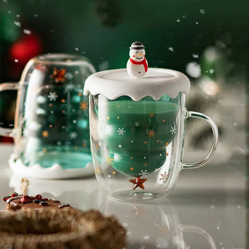 300ML Christmas Glass Cup Anti-Scalding Double Wall Glass Cups With Lid Milk Mocha Coffee Mug New Year 2023 Christmas Gifts