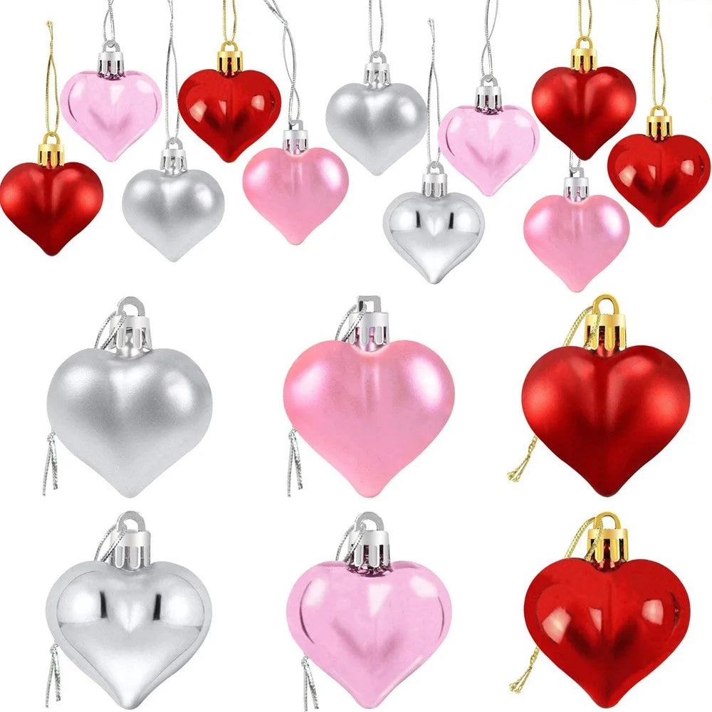 12Pcs Heart Shaped Christmas Balls Holiday Tree Ornament Glitter Hanging Pendants for Valentine's Day Wedding Xmas Party Decor