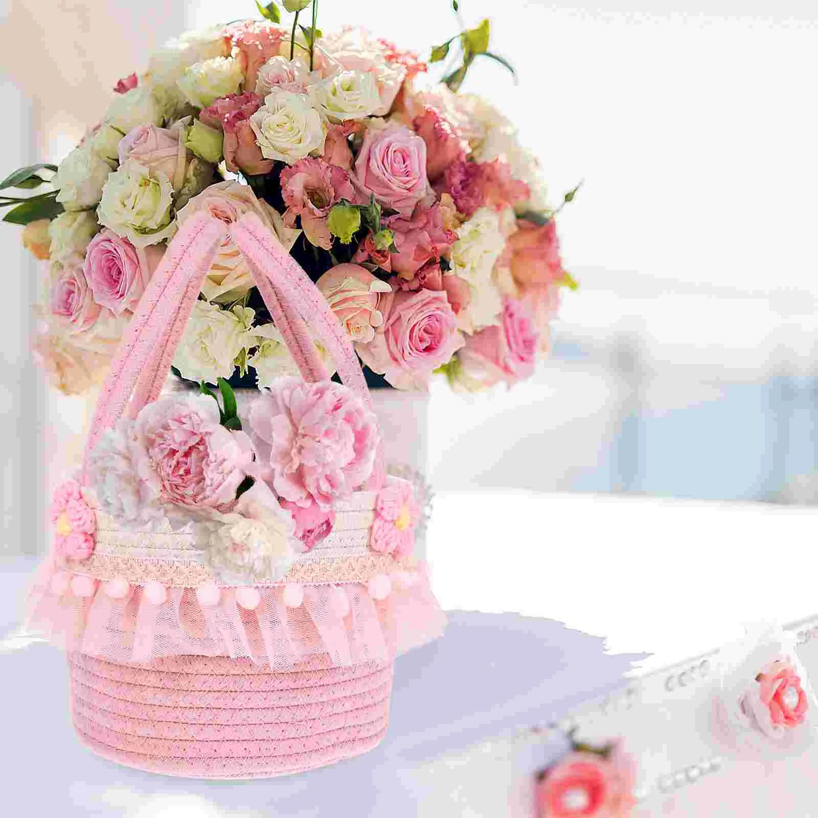 Basket Handle Flower Girl Baskets Weddings Party Favors Cotton Rope Gift Mesh Small Hamper