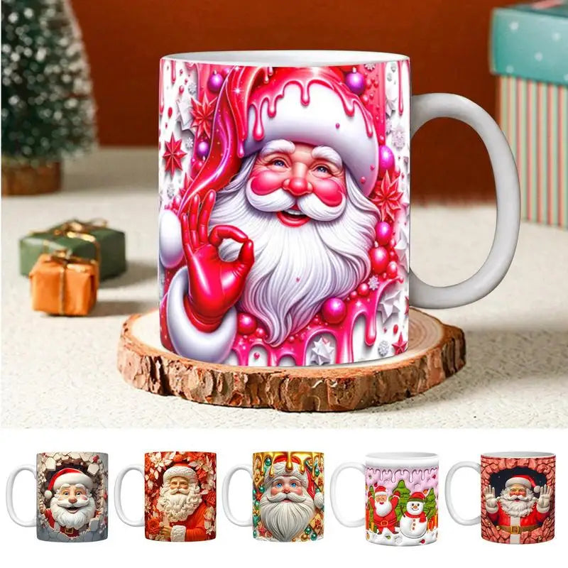 3D Christmas Mugs 2023 Cute CartoonPattern Mug With Flat Painted Santa Claus Novelty Coffee Mug Ceramic 350ml For Christmas Gift