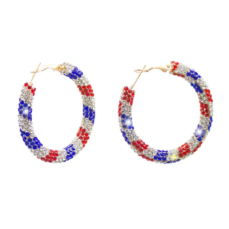 35mm Rhinestone Patriotic Hoop Earrings Patriot Hoops for Women Girls Fourth of July Earrings Holidays Gift Jewelry Accessories