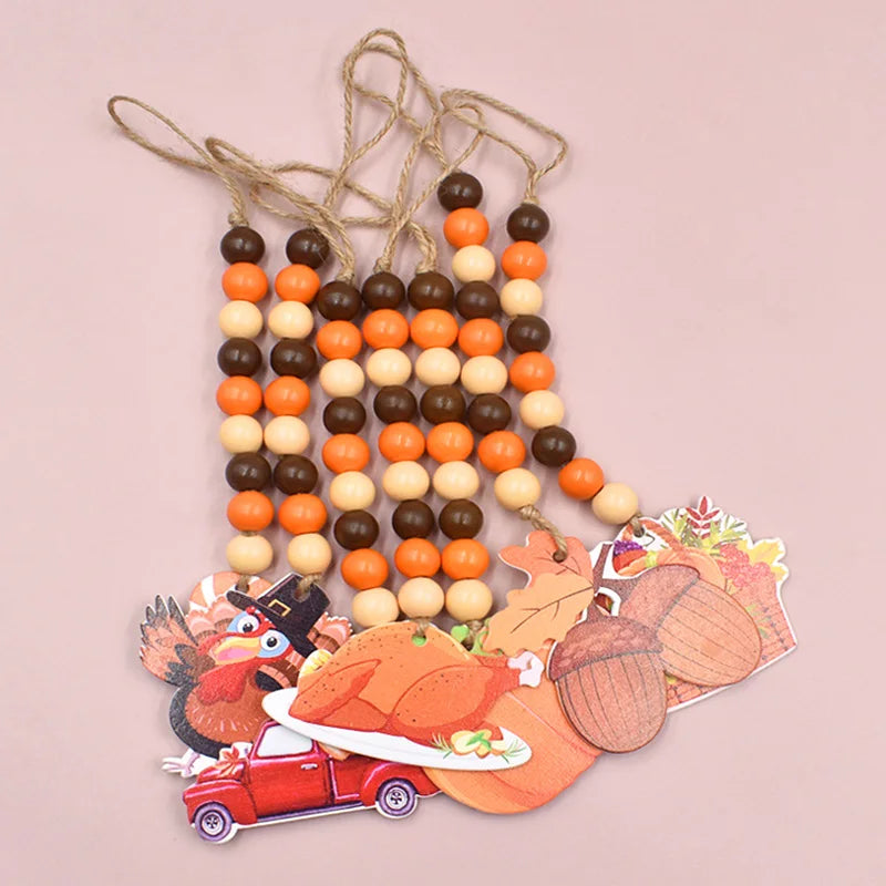 1PC Thanksgiving Wooden Tassel Beads Hanging Pendant Cute Pumpkin Maple Acorn Garland Crafts Ornaments Decoration Party Supplies