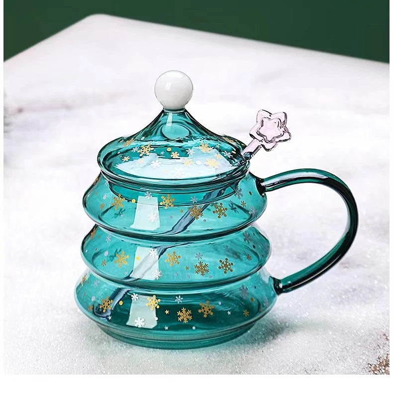 2023 Romantic Christmas Tree Glass Coffee Cup Transparent Mug Tumblers with Lid and Stick  Bulk Children's Christmas Gift