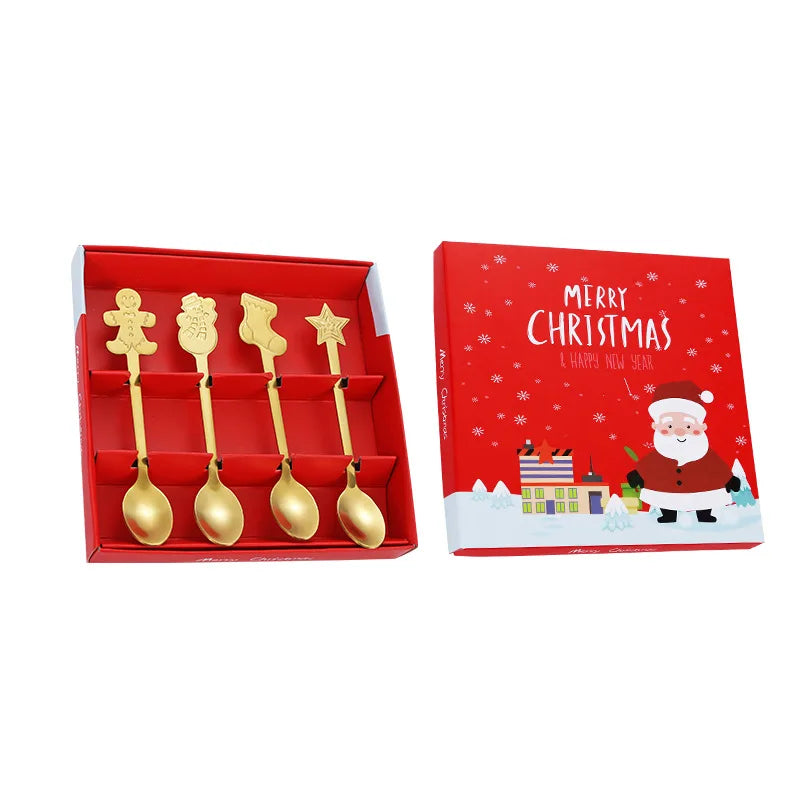 4pcs/set Christmas Decorations For Home Stainless Xmas Coffee Spoons Dessert Spoon Tableware Kitchen Accessories New Year Gifts#