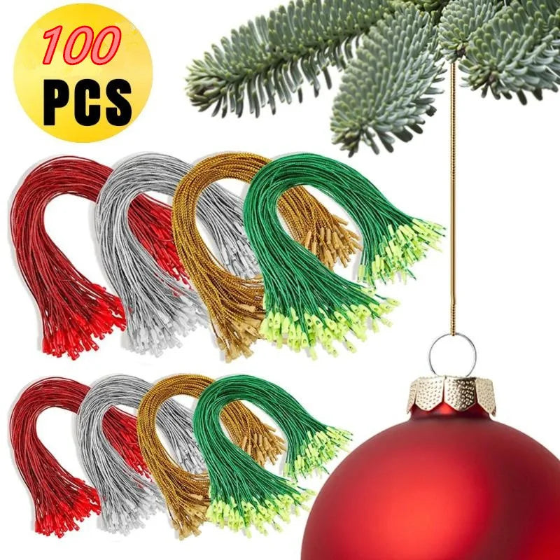 100Pcs Christmas Hanging String Xmas Tree Ball Hanging Pendant Ropes with Snaps Locking Xmas Decoration Accessories