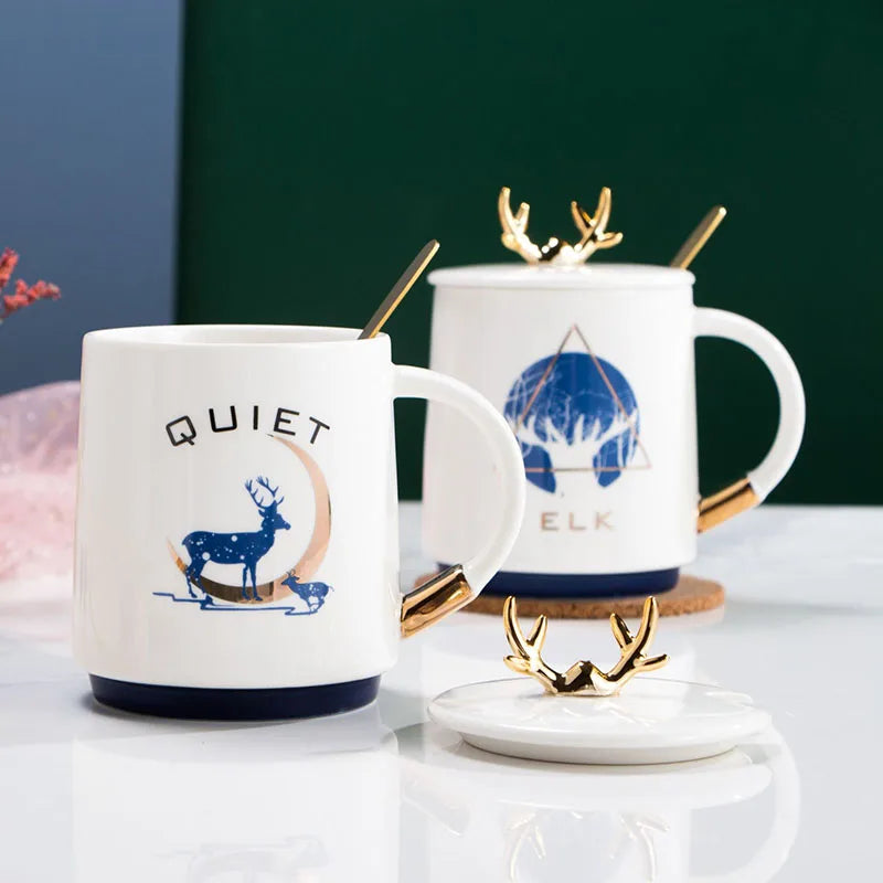 2023 Christmas Mug Pine Elk Printed Cartoon Water Bottle With Lid And Spoon New Tea Coffee Mugs Festival Houseware Ceramics