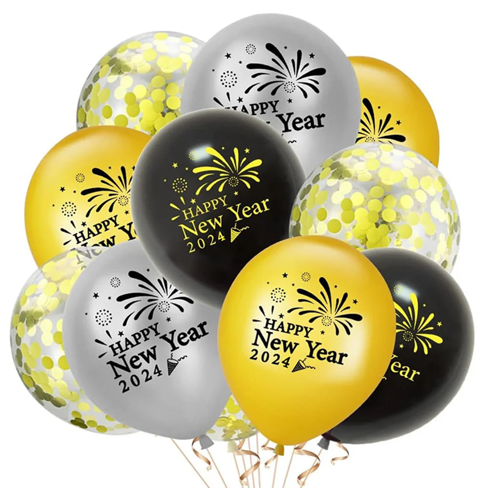 17 Pcs Happy New Year Latex Balloons 4D Black and Gold Disco Star Balloons for 2024 New Year's Eve Party Supplies Decorations