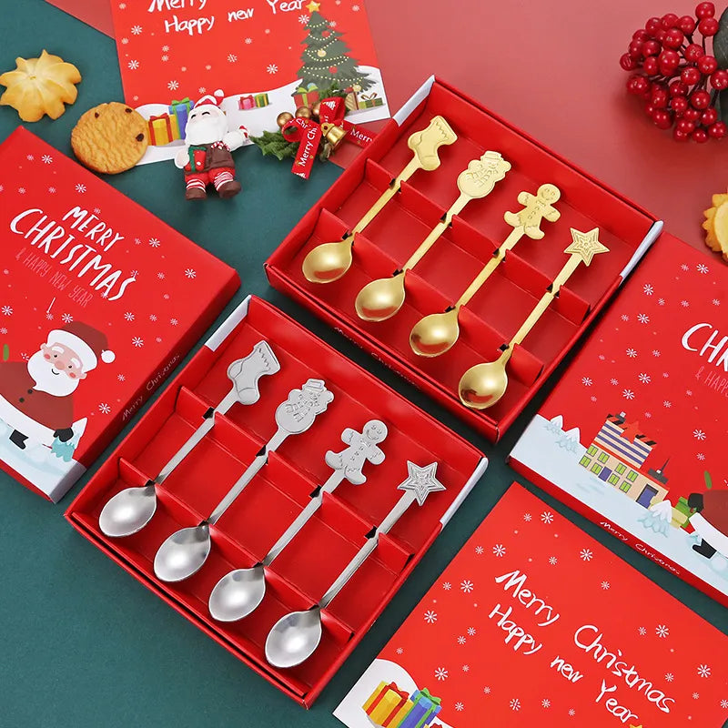 4pcs/set Christmas Decorations For Home Stainless Xmas Coffee Spoons Dessert Spoon Tableware Kitchen Accessories New Year Gifts#