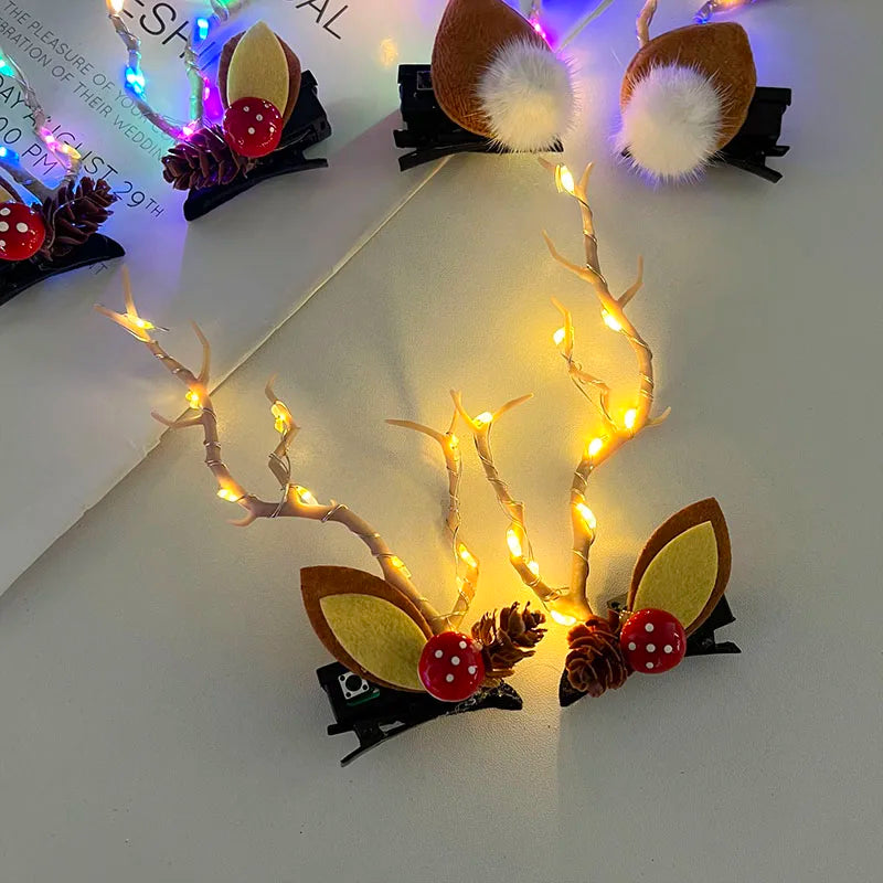 Cristmas LED Light Antler Hair Clip Women Girl Glowing Antler Elk Ear Horn Headwear Hair Accessories Christmas New Year Decor 7z