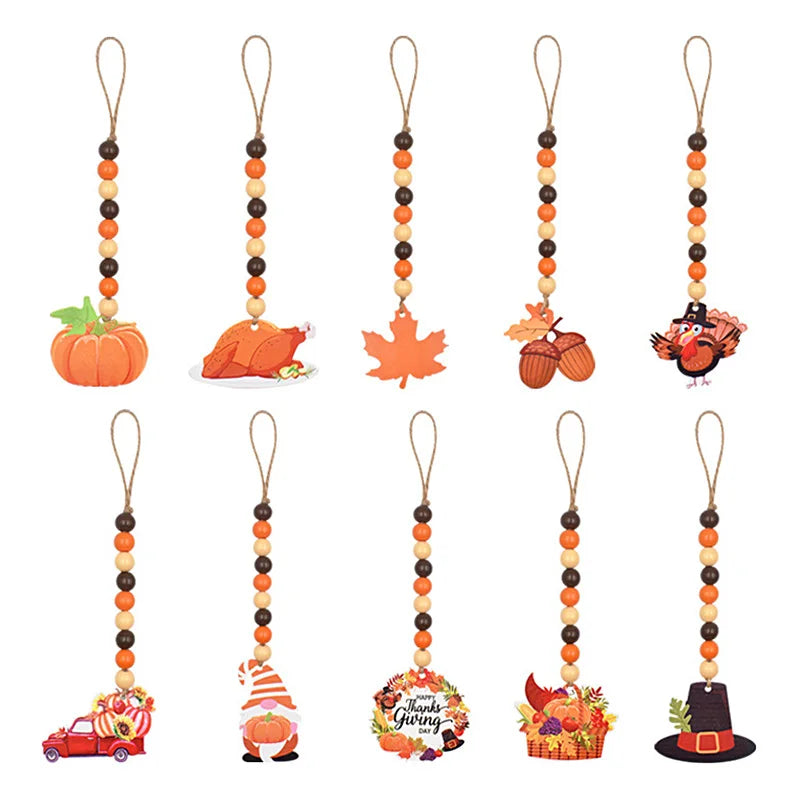 1PC Thanksgiving Wooden Tassel Beads Hanging Pendant Cute Pumpkin Maple Acorn Garland Crafts Ornaments Decoration Party Supplies