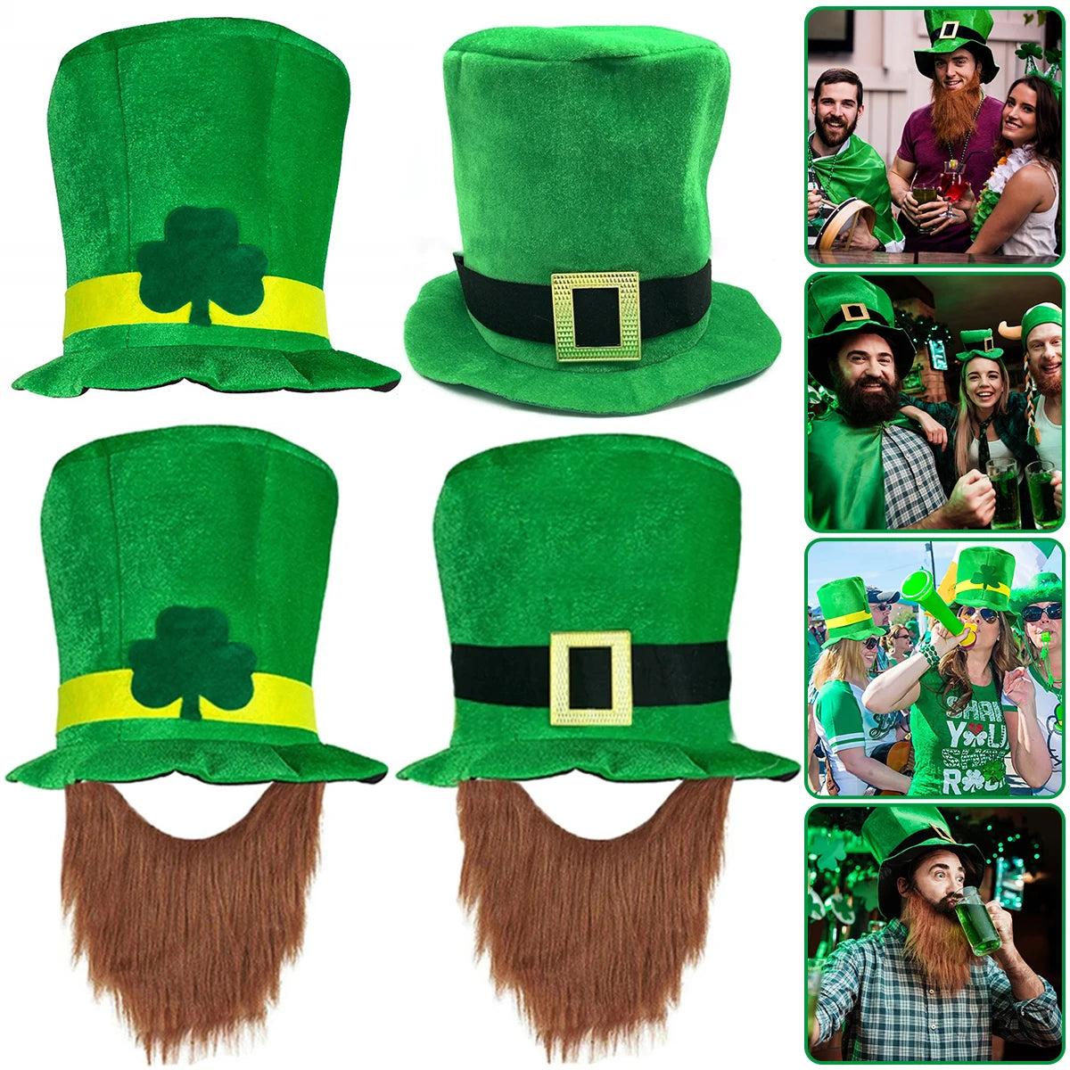 Saint Patricks Day Top Hat Holiday Fake Beard Green Celebration Costume for Irish Festival Birthday Party Decor Supplies