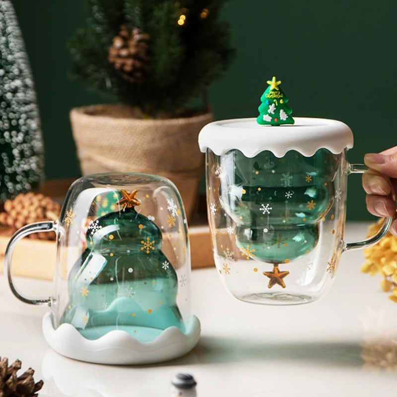 300ML Christmas Glass Cup Anti-Scalding Double Wall Glass Cups With Lid Milk Mocha Coffee Mug New Year 2023 Christmas Gifts