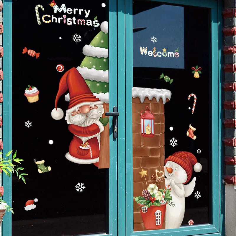 2024 christmas window stickers santa claus xmas tree cartoon glass dec