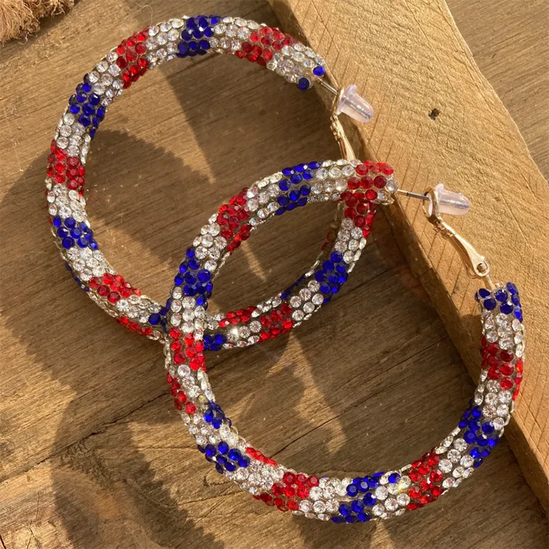 35mm Rhinestone Patriotic Hoop Earrings Patriot Hoops for Women Girls Fourth of July Earrings Holidays Gift Jewelry Accessories