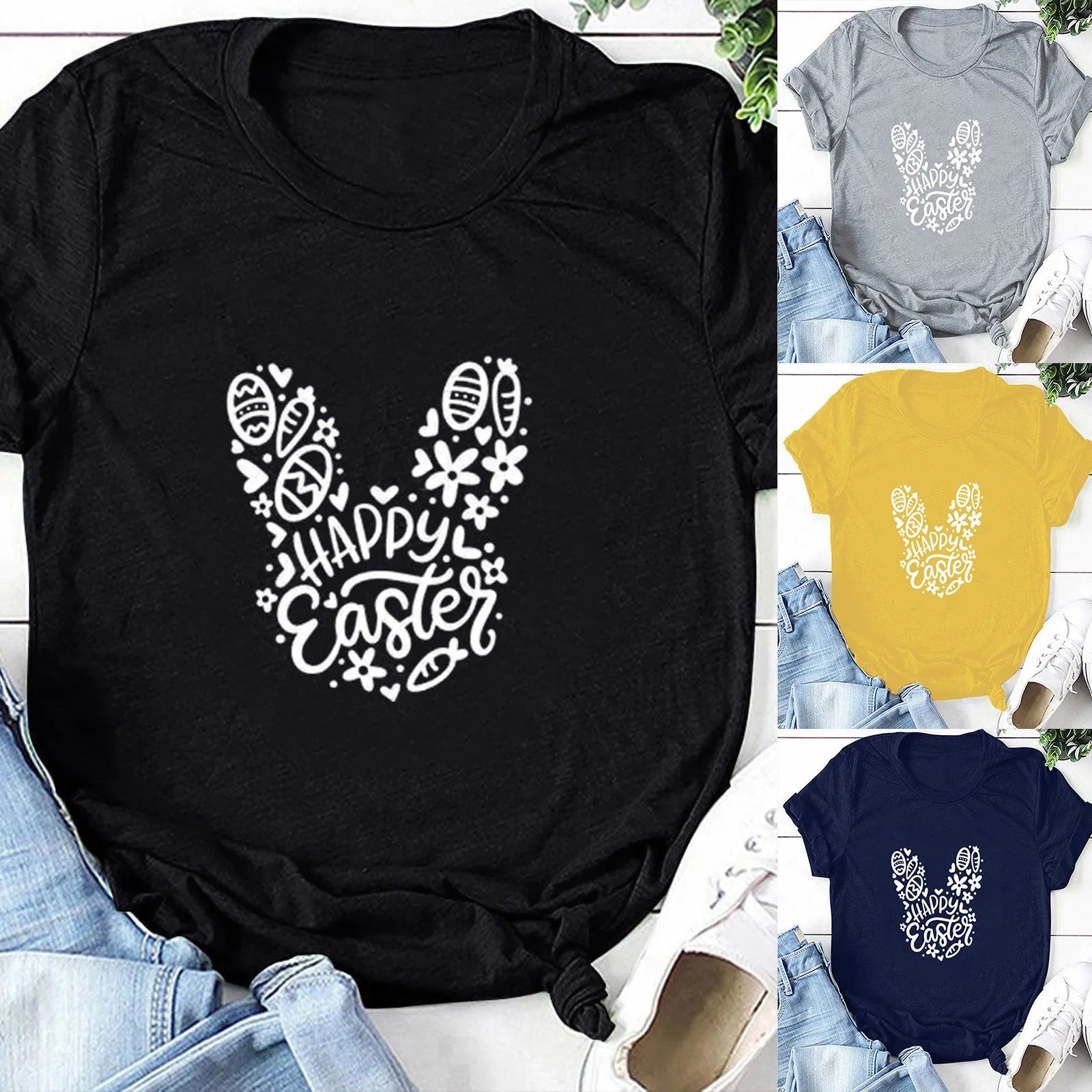 Easter Bunny Printing Women Easter Tee T-Shirts Fashion Y2k Tees Basic Tops Adult Spring Clothing Shirt Sunday Holiday Art Wear