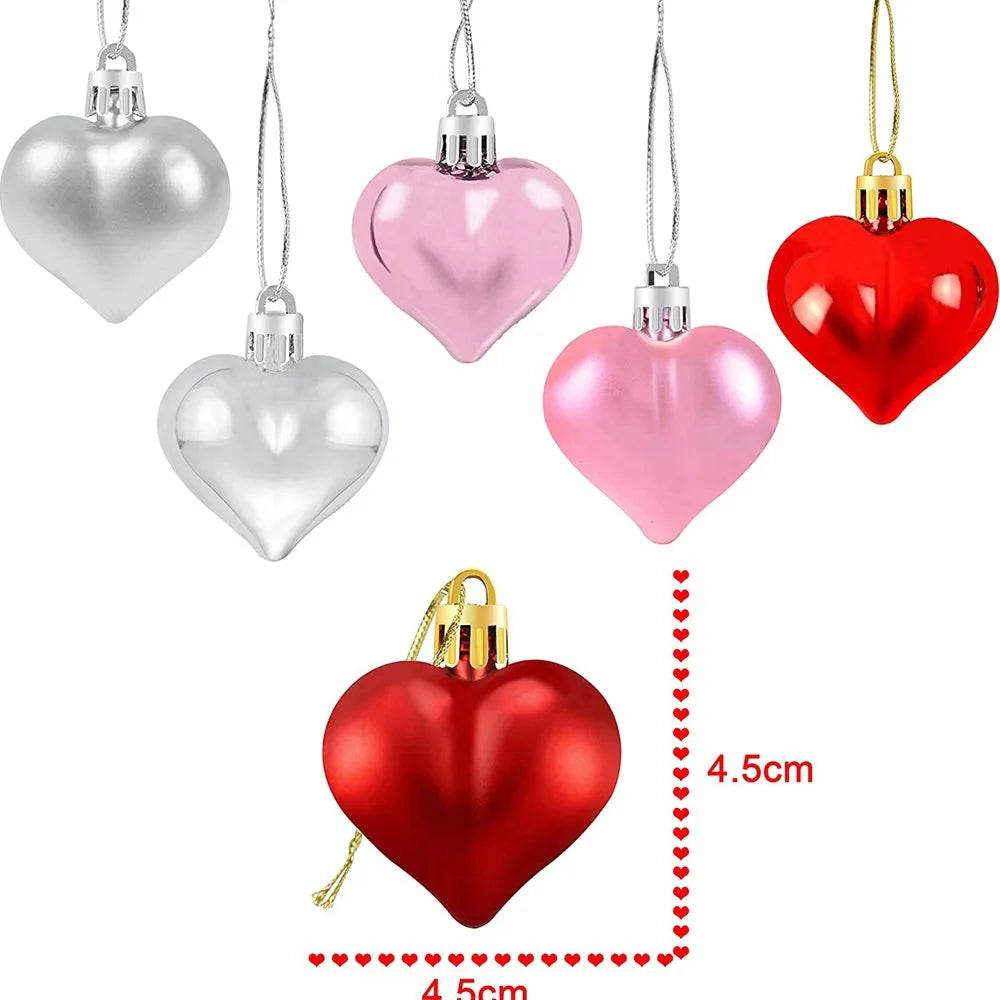 12Pcs Heart Shaped Christmas Balls Holiday Tree Ornament Glitter Hanging Pendants for Valentine's Day Wedding Xmas Party Decor