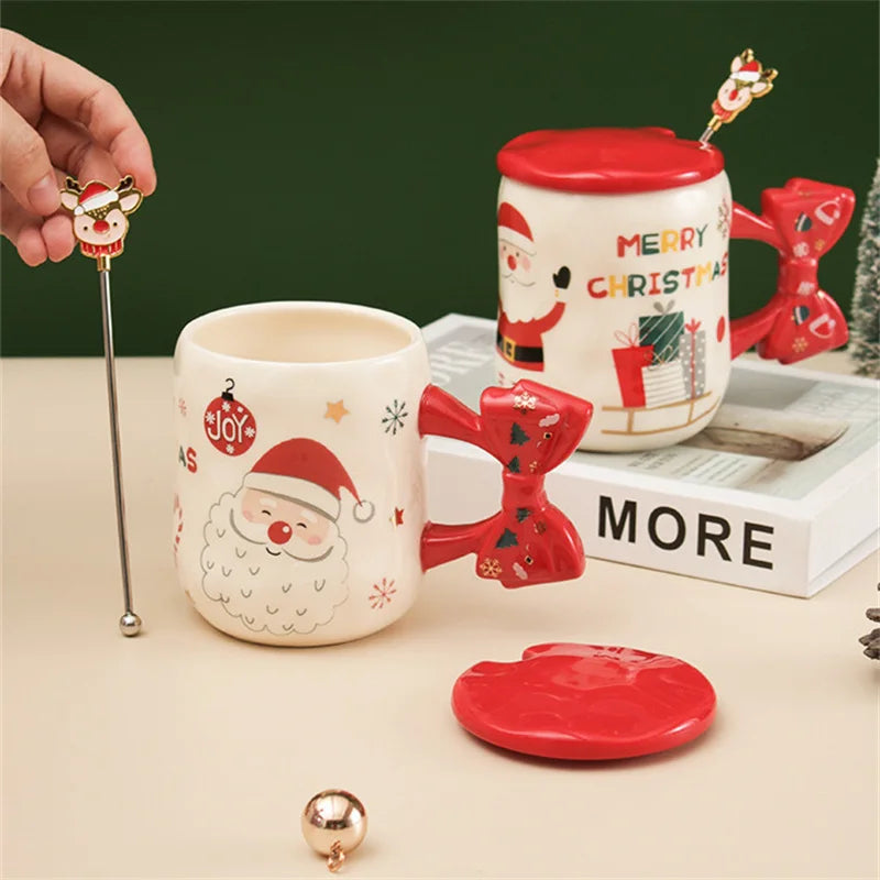 Santa Claus Coffee Mug with Lid Cute Ceramic Christmas Water Cup Home Office Breakfast Oatmeal Milk Mug Cartoon Present New 2023