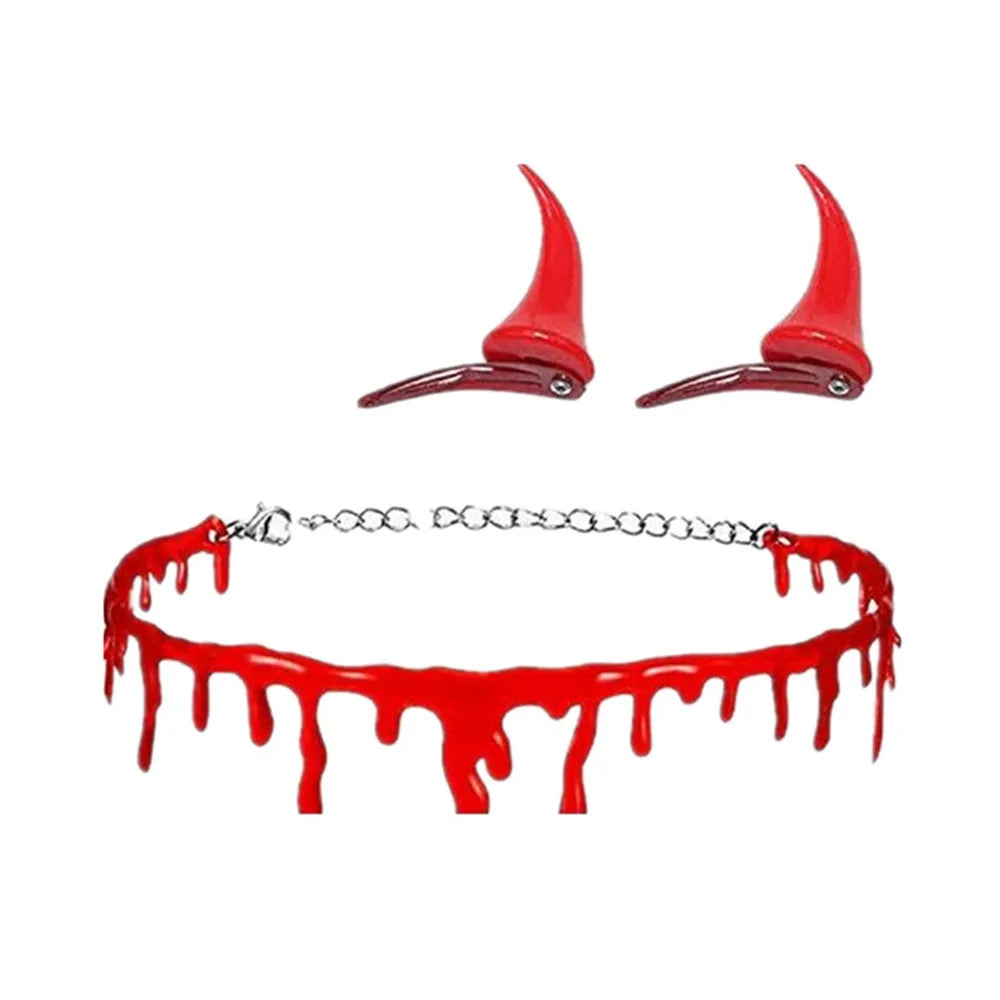 Halloween Blood Necklace Devil Horns Chokers Necklaces Halloween Party DIY Decorations Horror Props Kids Toy Gift Haunted House