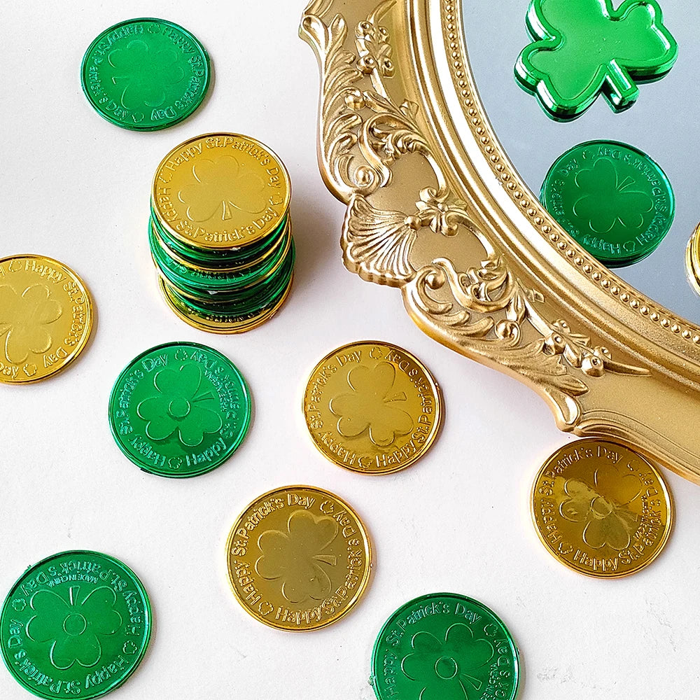 20/40/60pcs Coins Toys St. Patrick’s Day  Party Pirate Shamrock Coin Supplies Green Gold Treasure Irish Festival Party Decor