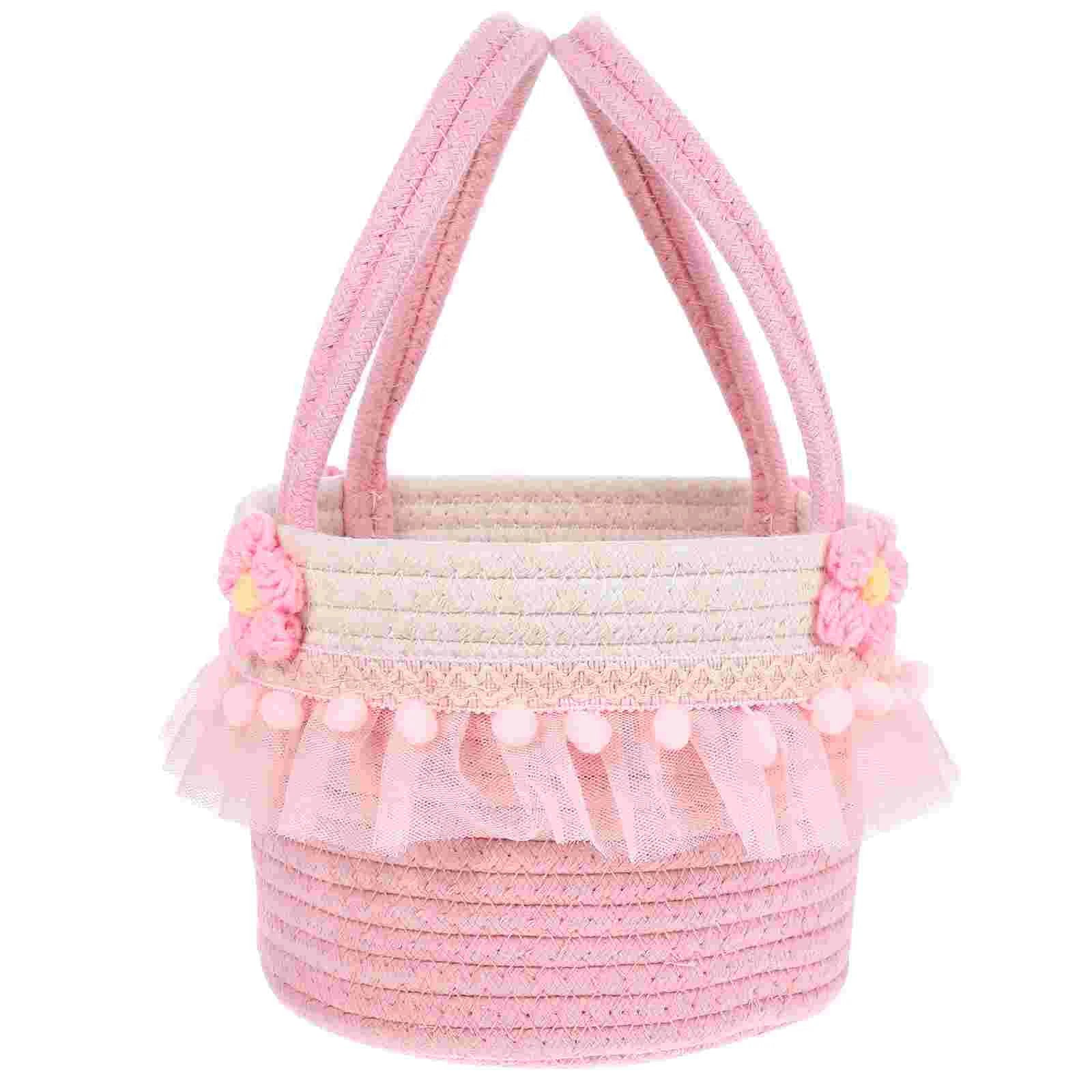 Basket Handle Flower Girl Baskets Weddings Party Favors Cotton Rope Gift Mesh Small Hamper