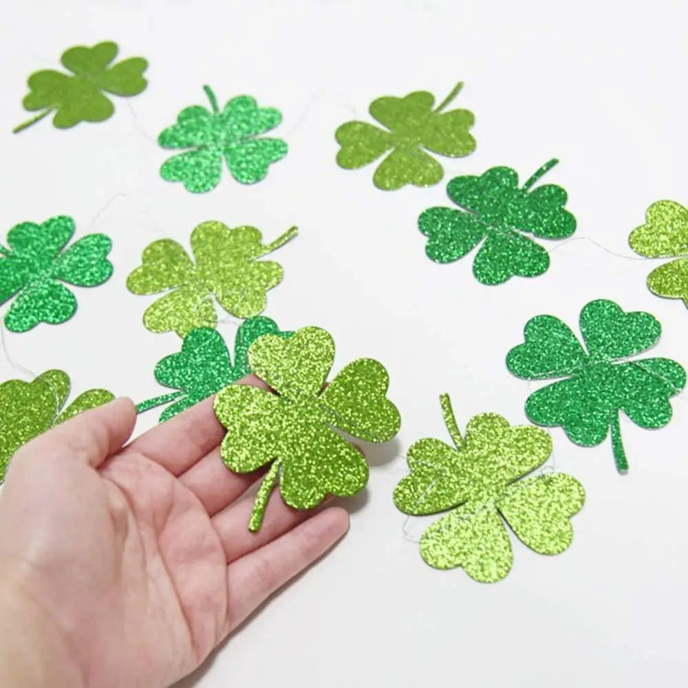 St.patricks Day Party Decorations Green Leaves Glitter Shamrock Clover String Chain Hanging Garlands Irish Birthday Party Decor