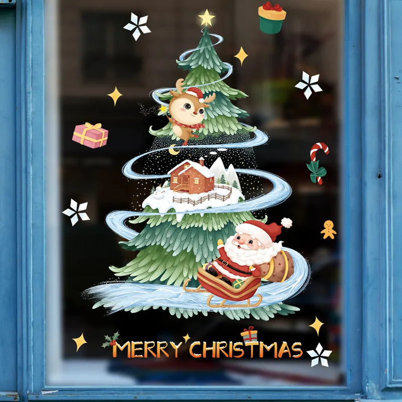 2024 christmas window stickers santa claus xmas tree cartoon glass dec