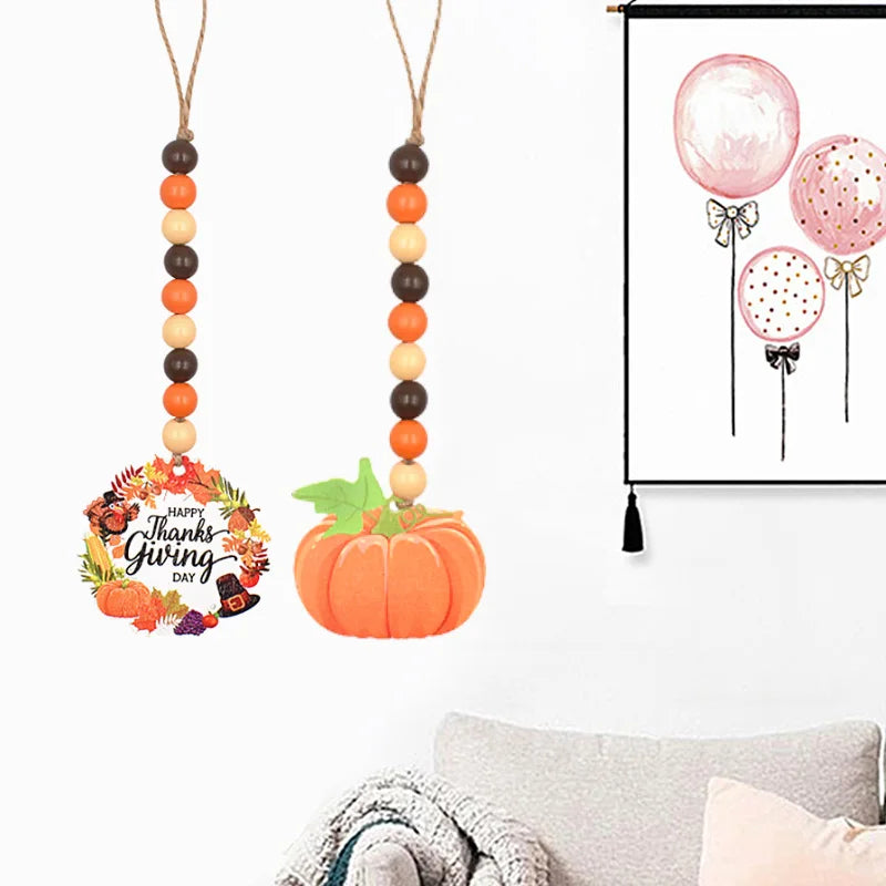 1PC Thanksgiving Wooden Tassel Beads Hanging Pendant Cute Pumpkin Maple Acorn Garland Crafts Ornaments Decoration Party Supplies