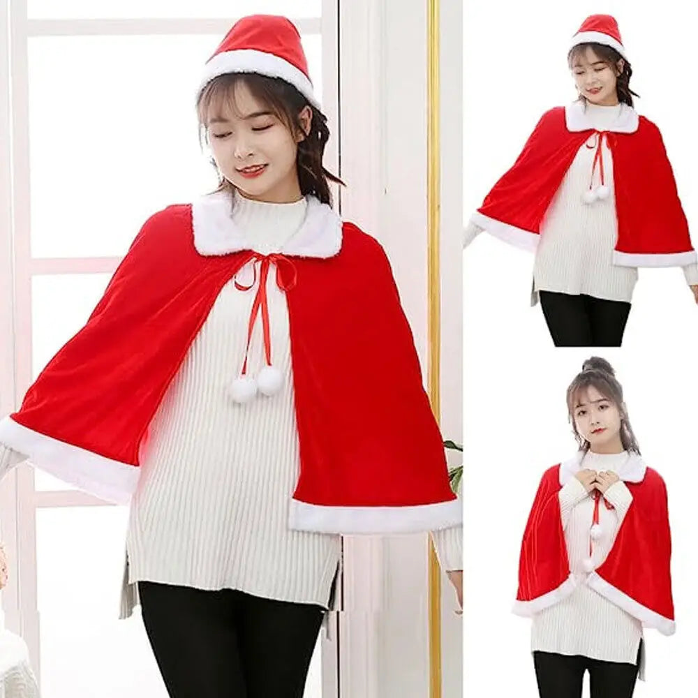 Christmas Red Shawl Winter Red Velvet Cape Cloak Christmas Women Kids Shawl Cosplay Party Costumes Dress Decoration Xmas Gift