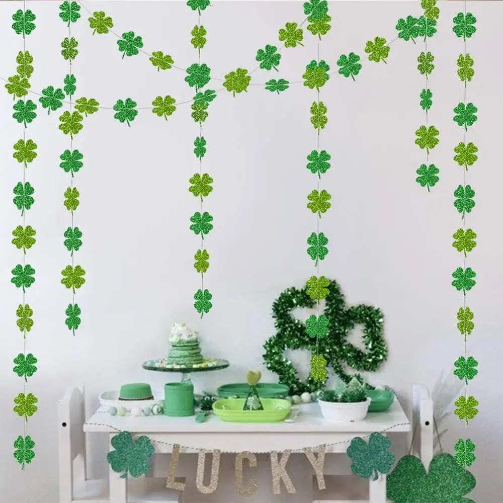 St.patricks Day Party Decorations Green Leaves Glitter Shamrock Clover String Chain Hanging Garlands Irish Birthday Party Decor