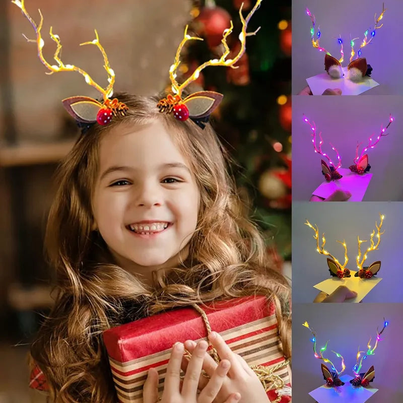 Cristmas LED Light Antler Hair Clip Women Girl Glowing Antler Elk Ear Horn Headwear Hair Accessories Christmas New Year Decor 7z