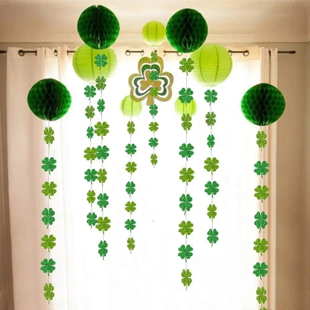 St.patricks Day Party Decorations Green Leaves Glitter Shamrock Clover String Chain Hanging Garlands Irish Birthday Party Decor