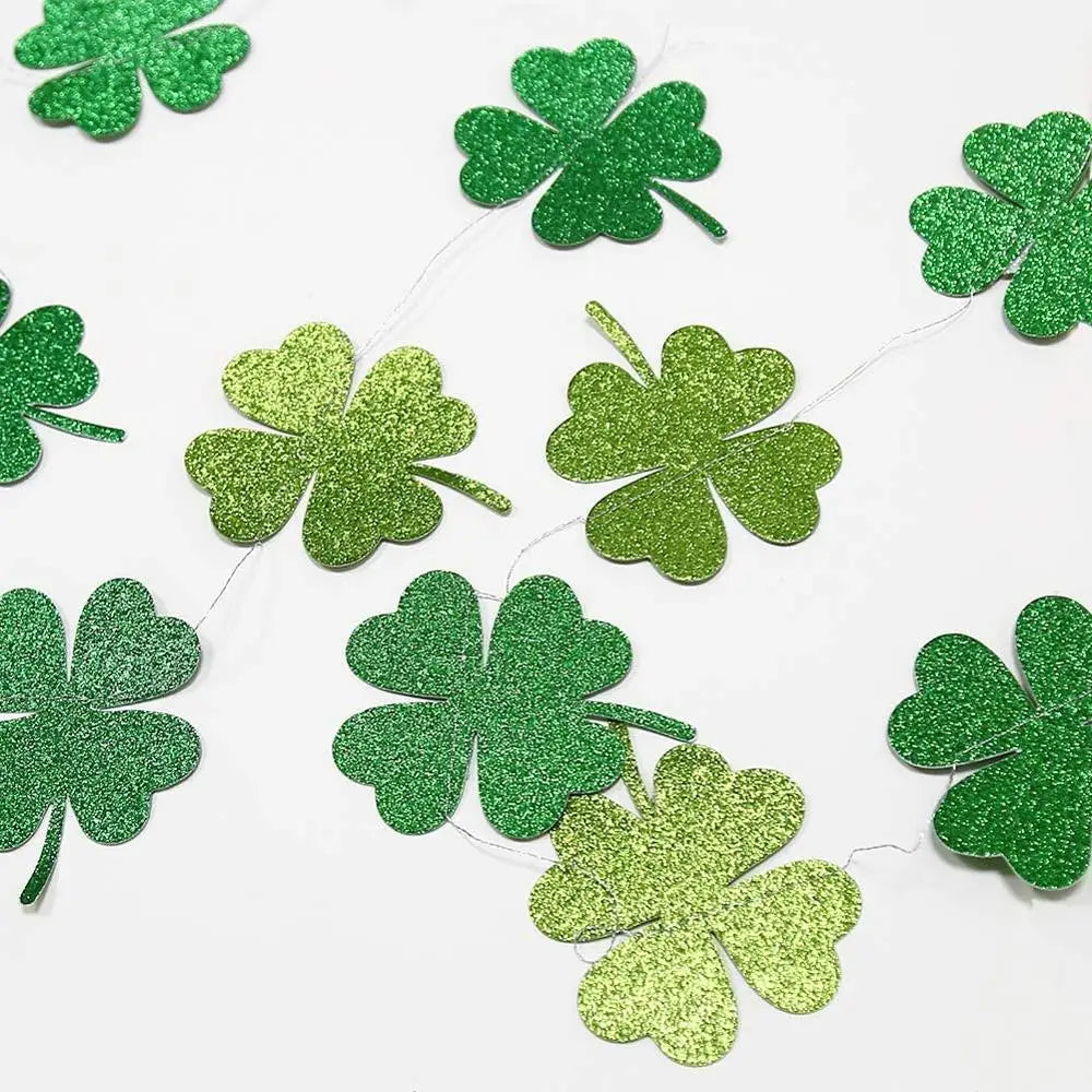 St.patricks Day Party Decorations Green Leaves Glitter Shamrock Clover String Chain Hanging Garlands Irish Birthday Party Decor