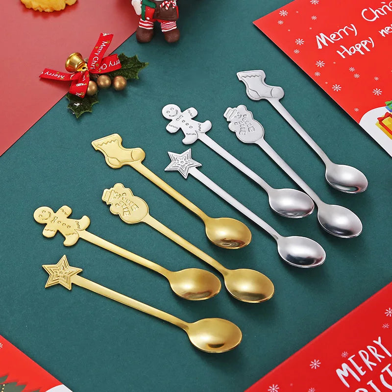 4pcs/set Christmas Decorations For Home Stainless Xmas Coffee Spoons Dessert Spoon Tableware Kitchen Accessories New Year Gifts#