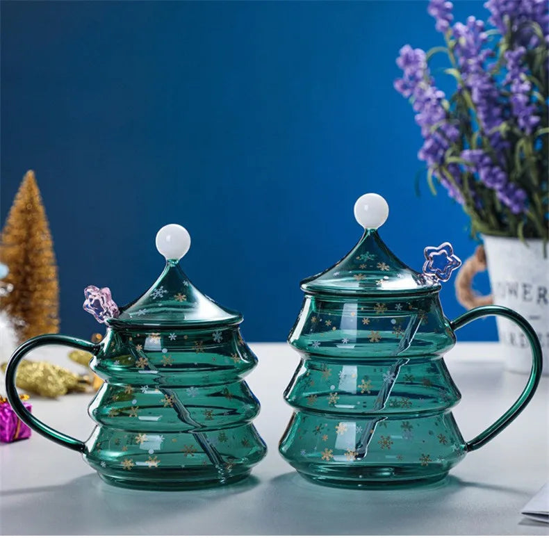 2023 Romantic Christmas Tree Glass Coffee Cup Transparent Mug Tumblers with Lid and Stick  Bulk Children's Christmas Gift