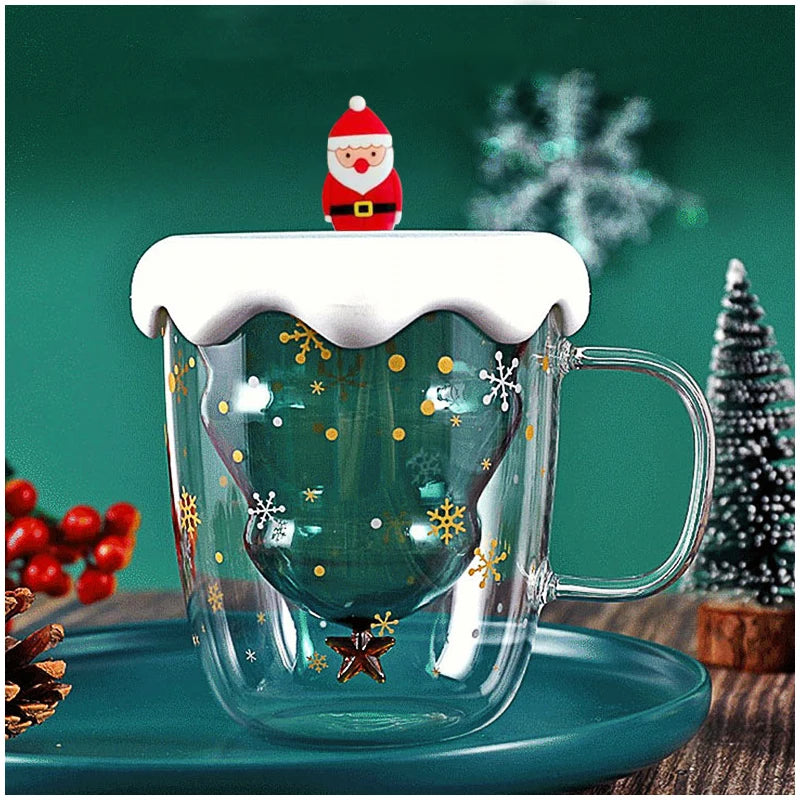 300ML Christmas Glass Cup Anti-Scalding Double Wall Glass Cups With Lid Milk Mocha Coffee Mug New Year 2023 Christmas Gifts