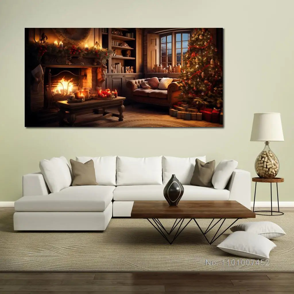 Canvas Poster Photo Picture Print Cozy Room at Christmas Time Framed for New House Bedroom Wall Decor Gift