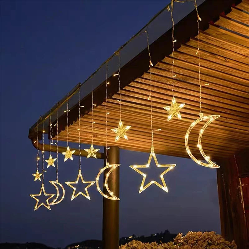 Solar Powered LED Icicle Star Moon Lamp Fairy Christmas Decor