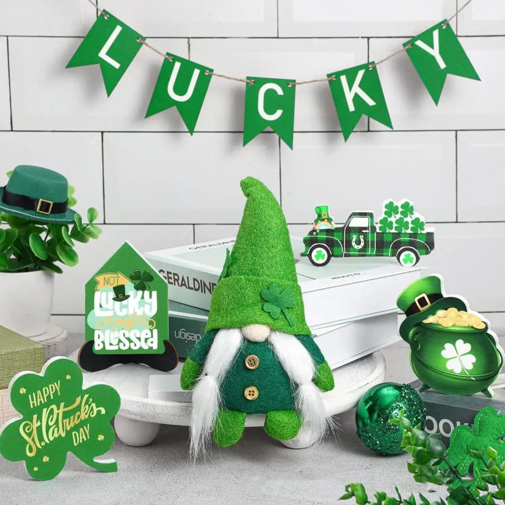 Exquisite Pattern Decor St Patricks Day Rustic Wood Green Lucky Grass Sign Gnome Doll Tray Ornament Irish Festival Party Counter