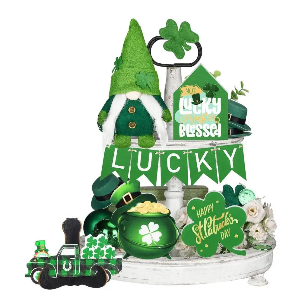 Exquisite Pattern Decor St Patricks Day Rustic Wood Green Lucky Grass Sign Gnome Doll Tray Ornament Irish Festival Party Counter