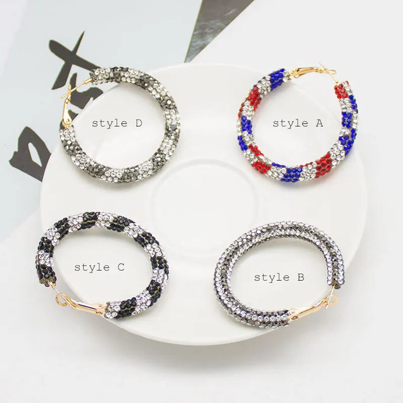 35mm Rhinestone Patriotic Hoop Earrings Patriot Hoops for Women Girls Fourth of July Earrings Holidays Gift Jewelry Accessories