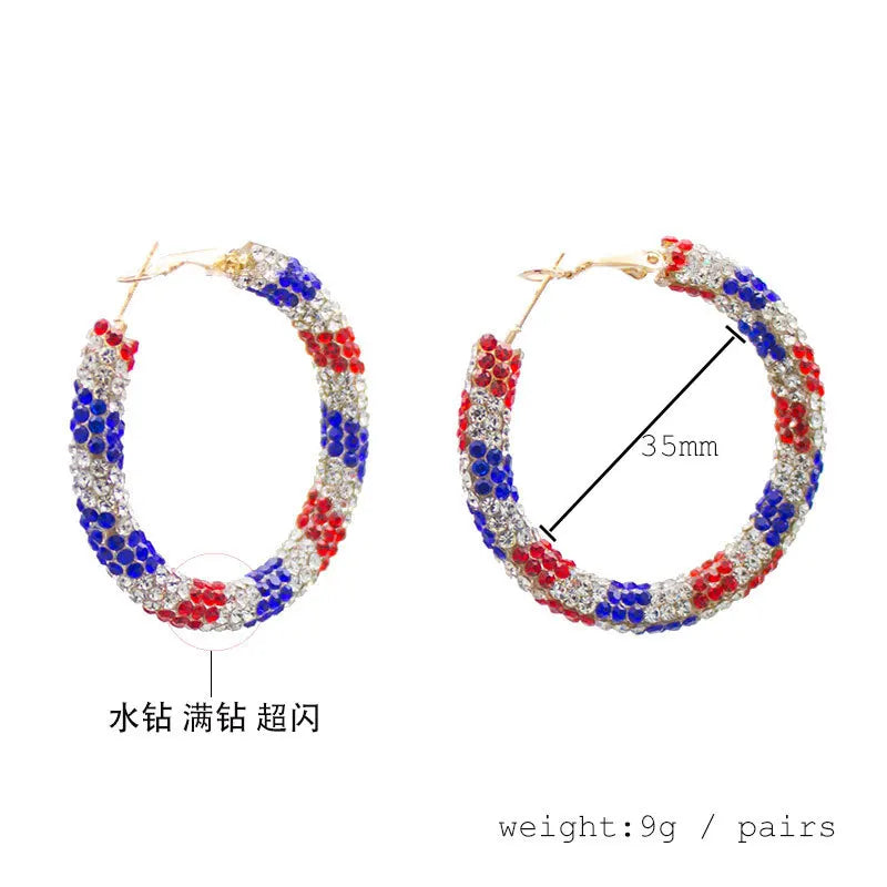 35mm Rhinestone Patriotic Hoop Earrings Patriot Hoops for Women Girls Fourth of July Earrings Holidays Gift Jewelry Accessories