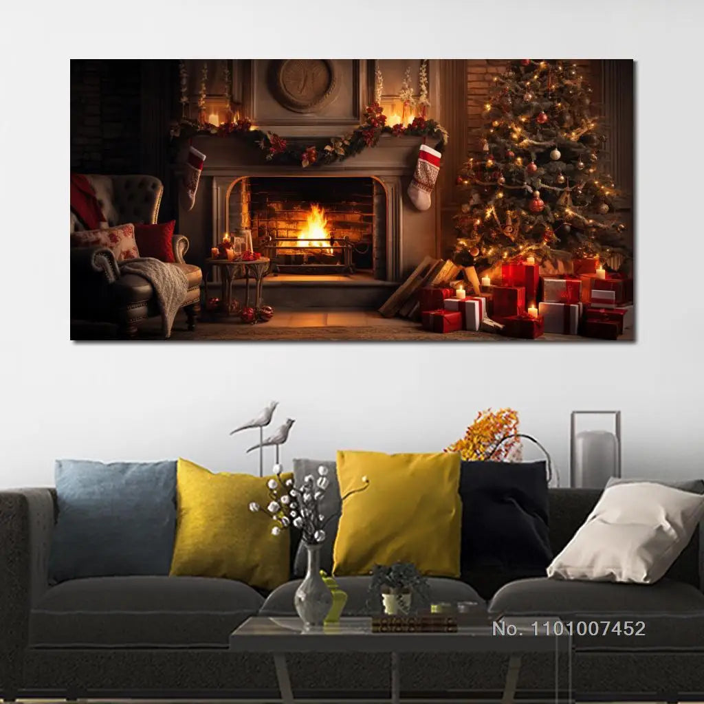 Canvas Poster Photo Picture Print Cozy Room at Christmas Time Framed for New House Bedroom Wall Decor Gift