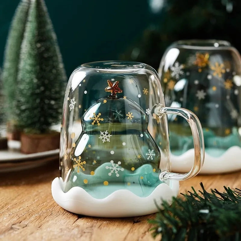 300ML Christmas Glass Cup Anti-Scalding Double Wall Glass Cups With Lid Milk Mocha Coffee Mug New Year 2023 Christmas Gifts