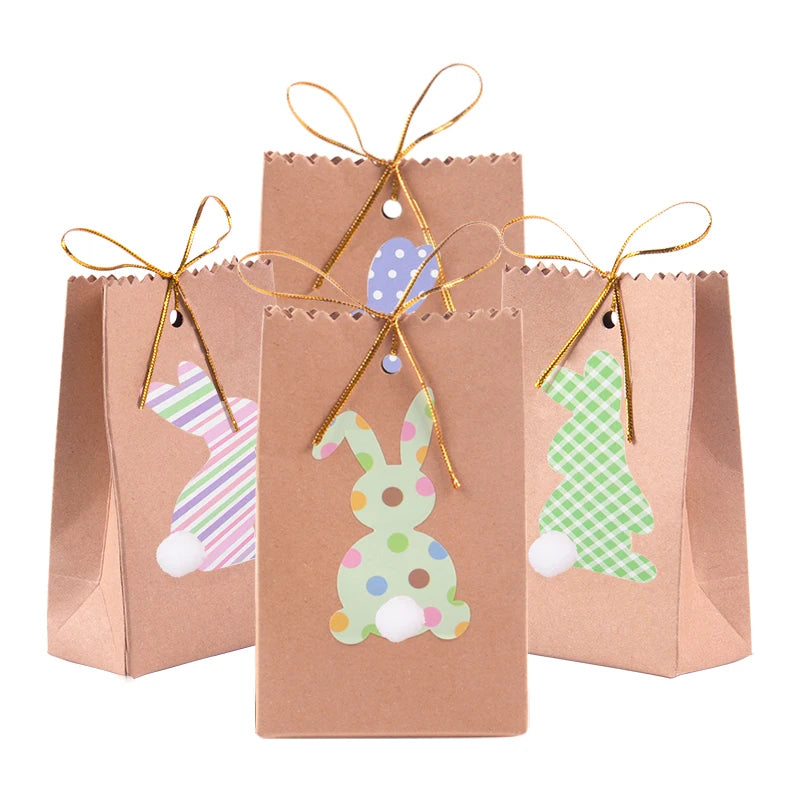 8pcs Easter Bunny Gift Bags Rabbit Kraft paper Treat Bags Easter Party Favors Cookie Candy Gift Packaging bag Easter Party decor